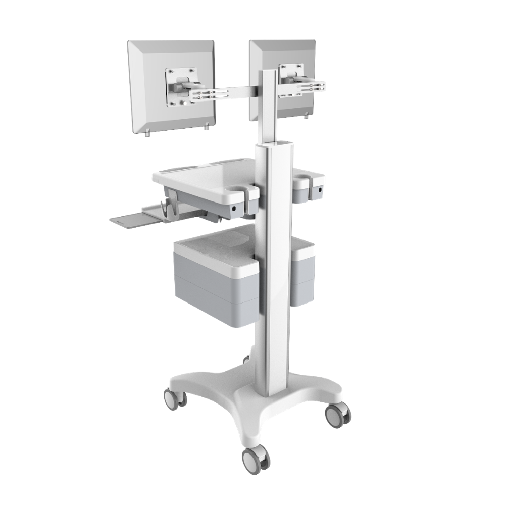 Computer Workstation Medical Cart with Dual Drawers/ Dual Screen Medical Computer Cart Foot Control Carts